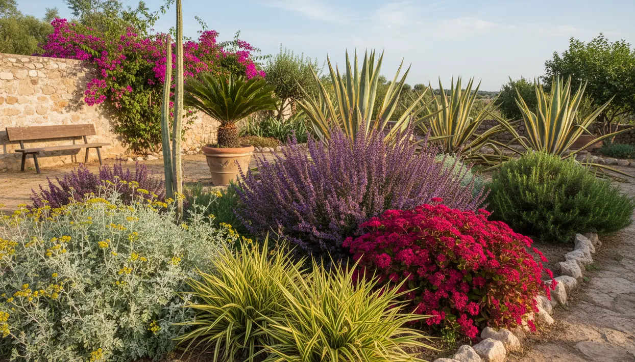 Giardino mediterraneo con piante resistenti alla siccità: agavi, lavanda, bouganville e arbusti fioriti