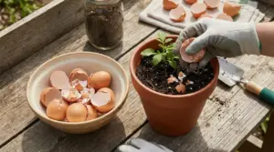 Mano con guanto aggiunge gusci d’uovo spezzati nel terriccio di un vaso con piantina su tavolo da giardinaggio