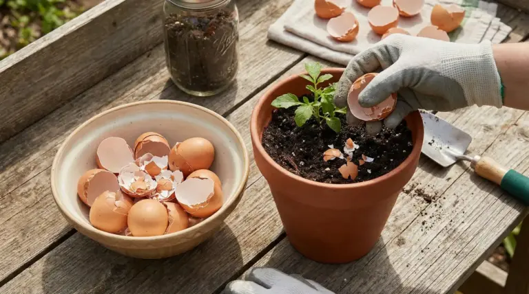 Mano con guanto aggiunge gusci d’uovo spezzati nel terriccio di un vaso con piantina su tavolo da giardinaggio