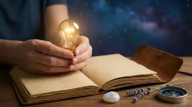 Mani che tengono una lampadina accesa sopra un libro aperto, con sfondo stellato e piccoli oggetti su un tavolo