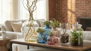 Vasi e barattoli di vetro decorativi sul tavolino del salotto, con piante grasse, rami, sassi e lucine