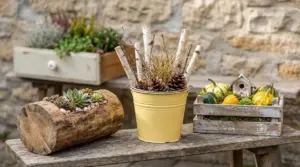 Fioriere decorative con succulente, rami di betulla e pigne, e cassette con zucche su panchina in legno