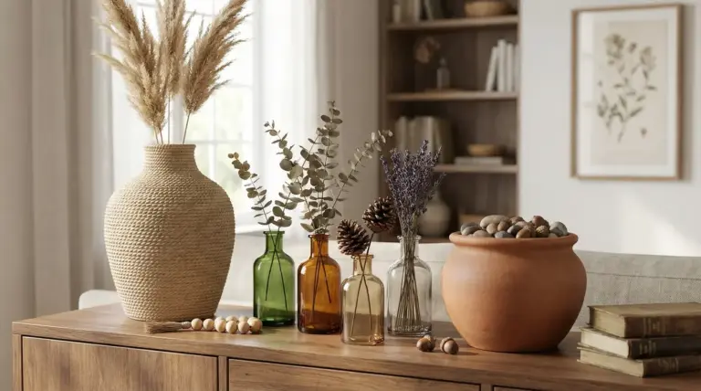 Composizione di vasi decorativi con pampas, eucalyptus, lavanda, pigne e ciotola di terracotta con sassi su credenza