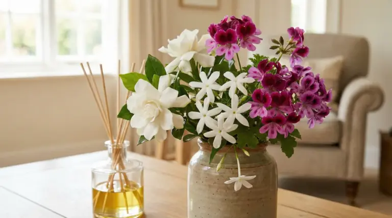 Bouquet di fiori profumati in vaso su un tavolo, con diffusore a bastoncini in un salotto luminoso