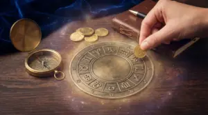 Mano che posa una moneta su una ruota dello zodiaco, con bussola e taccuino su un tavolo in legno