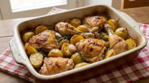 Pollo al forno con patate, rosmarino e spicchi d’aglio in teglia, con pelle dorata e croccante