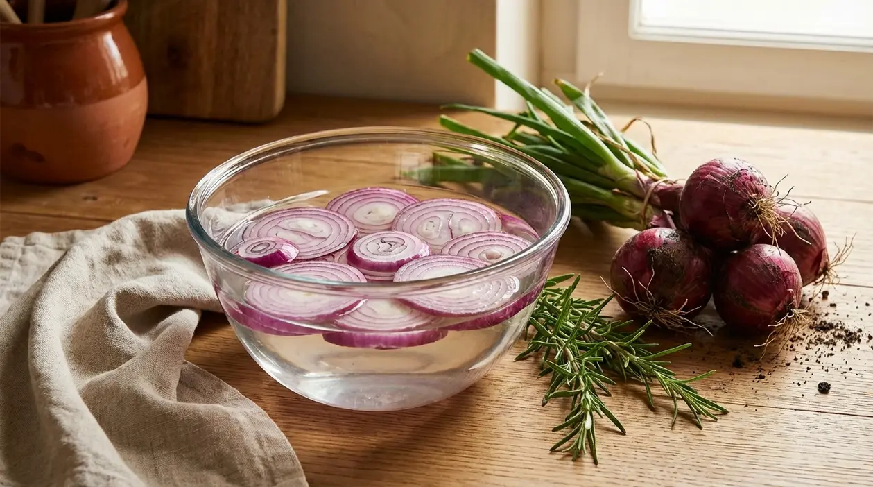 Fette di cipolla rossa in ammollo in una ciotola d’acqua su un tavolo di legno, con cipolle intere e rosmarino