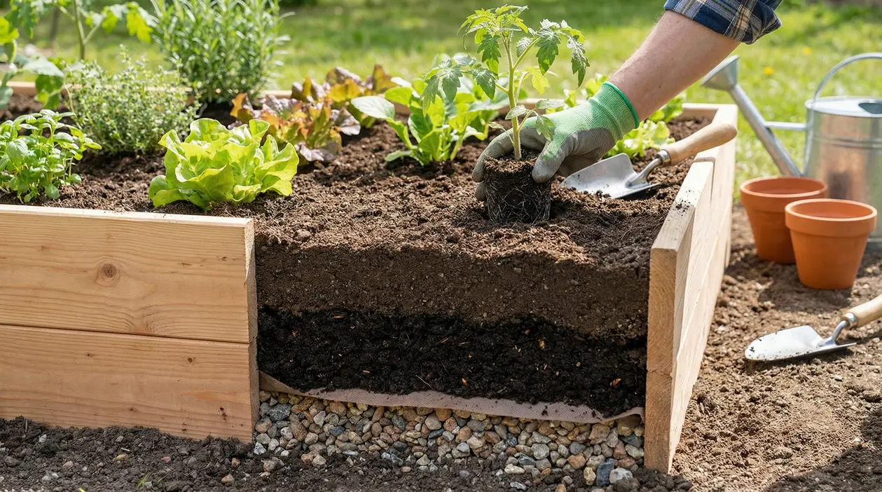Mani con guanti trapiantano una piantina in un orto rialzato con strati di ghiaia, tessuto e terriccio