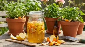 Barattolo con infuso di scorze di agrumi su tavolo da giardino, con piante in vaso e bucce di arancia e limone