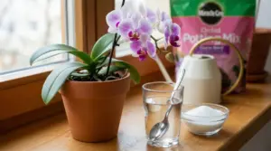 Orchidea in vaso sul davanzale con bicchiere d’acqua e cucchiaio, accanto a una ciotola di polvere bianca