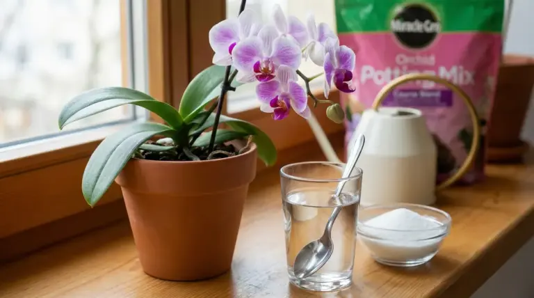 Orchidea in vaso sul davanzale con bicchiere d’acqua e cucchiaio, accanto a una ciotola di polvere bianca