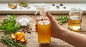 Mano che regge uno spruzzino con insetticida naturale fai da te, con menta, rosmarino e bucce d’arancia sul tavolo