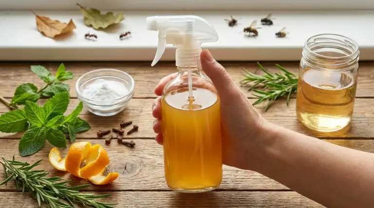 Mano che regge uno spruzzino con insetticida naturale fai da te, con menta, rosmarino e bucce d’arancia sul tavolo