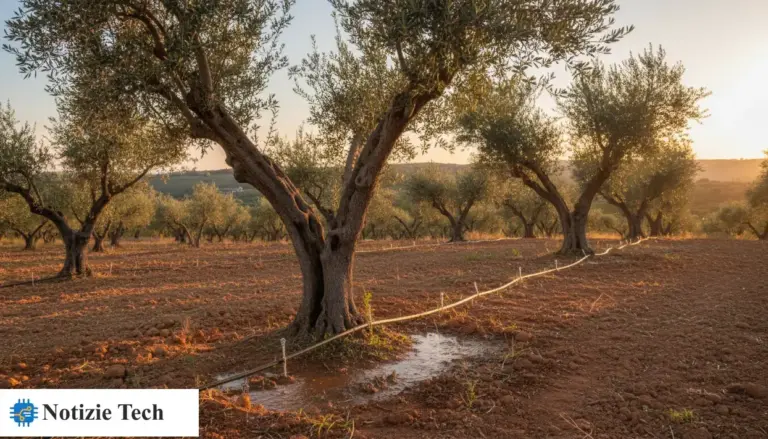 Impianto di irrigazione a goccia in un oliveto, con acqua sul terreno alla base di un olivo al tramonto