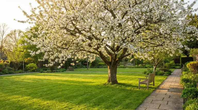Albero in fiore in un giardino con prato verde, panchina e vialetto in pietra al tramonto