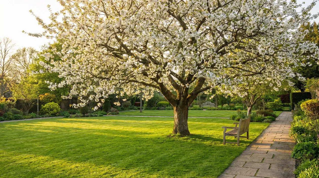 Albero in fiore in un giardino con prato verde, panchina e vialetto in pietra al tramonto