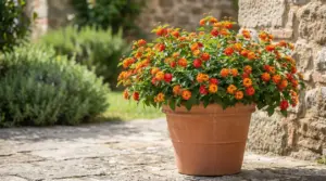 Pianta fiorita in vaso di terracotta con fiori arancioni e rossi su un patio, vicino a un muro in pietra