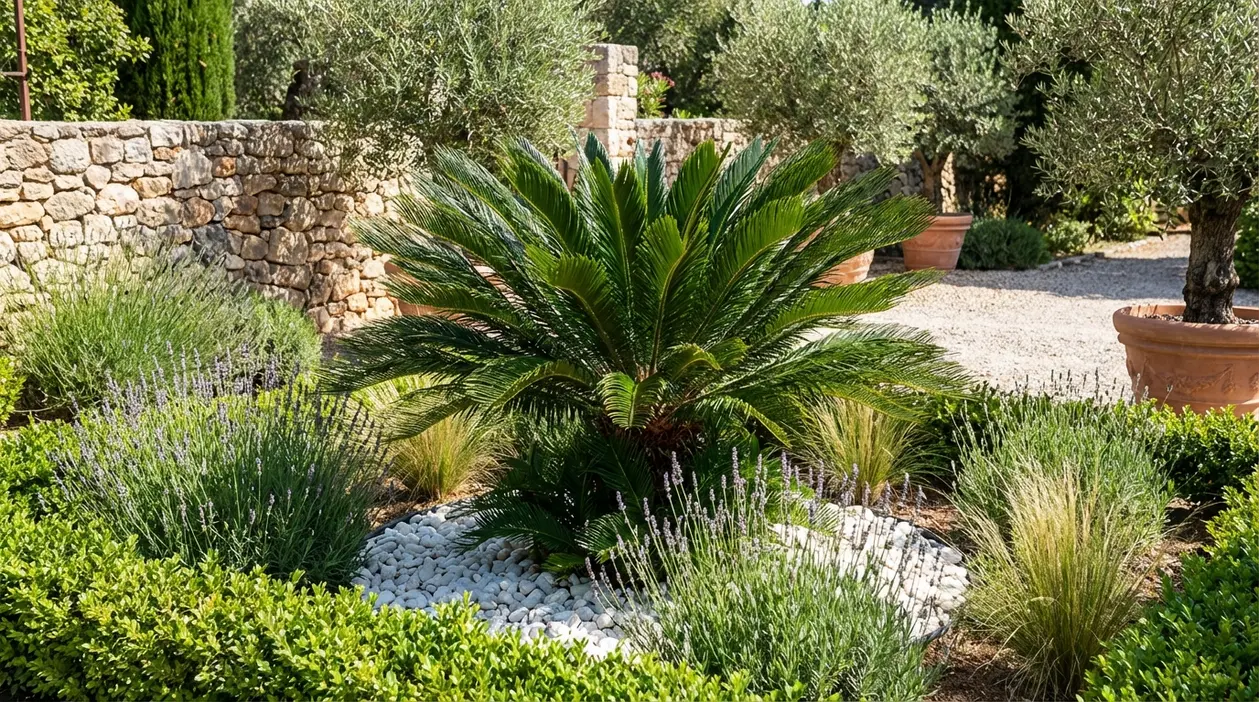 Cycad (cica) al centro di un’aiuola con ghiaia bianca e lavanda in un giardino mediterraneo