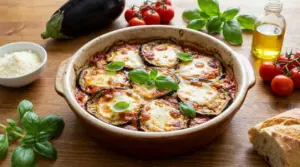 Melanzane alla parmigiana al forno in teglia, con pomodoro, formaggio fuso e basilico su tavolo di legno
