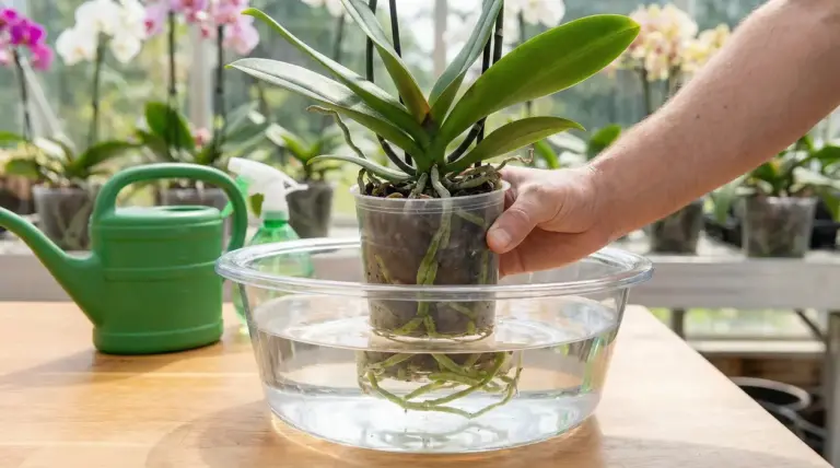 Mano che immerge un vaso trasparente con orchidea in una bacinella d’acqua per l’irrigazione dal basso