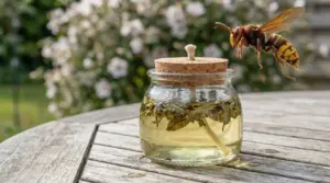 Calabrone vicino a un barattolo con soluzione naturale e erbe su un tavolo da giardino