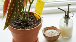 Pianta in vaso con moscerini e trappola adesiva gialla vicino a spruzzino e polvere naturale sul davanzale