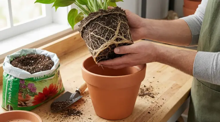 Rinvaso di una pianta con radici esposte in un vaso di terracotta su un tavolo con terriccio e paletta