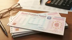 Buoni fruttiferi postali su una scrivania con calcolatrice, penna e occhiali, in contesto di risparmio e interessi