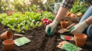 Persona con guanti semina semi nell’orto tra piantine di insalata e ravanelli, con attrezzi e vasetti