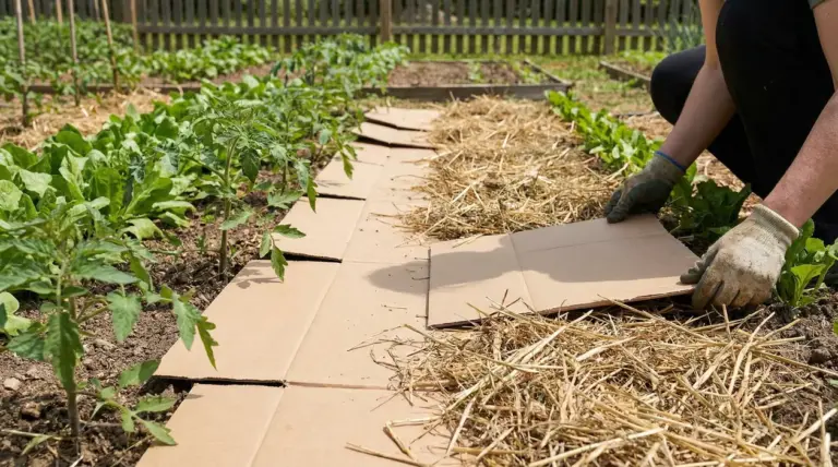 Persona che stende cartone tra le file dell’orto come pacciamatura, con paglia e piante di pomodoro ai lati