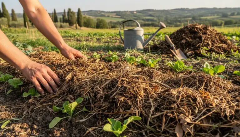 Mani che stendono pacciamatura di paglia nell’orto tra giovani piantine, per mantenere umido il terreno