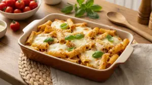 Pasta al forno veloce con rigatoni, mozzarella fusa e basilico, servita in teglia su tavolo di legno