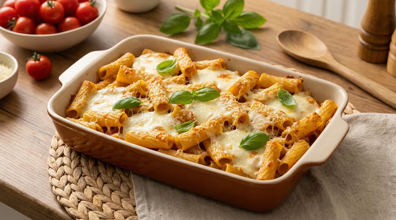 Pasta al forno veloce con rigatoni, mozzarella fusa e basilico, servita in teglia su tavolo di legno
