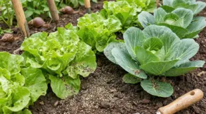 Orto con lattughe e cavolo, pepe sparso sul terreno per tenere lontane lumache e insetti