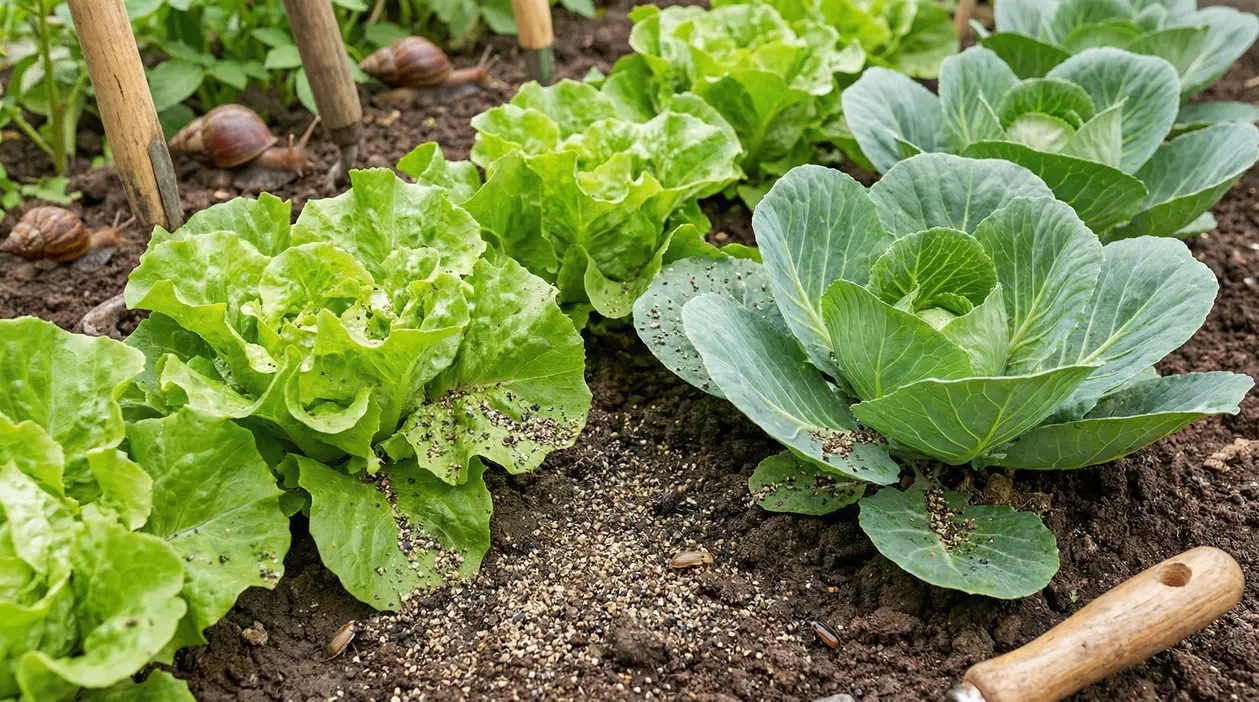 Orto con lattughe e cavolo, pepe sparso sul terreno per tenere lontane lumache e insetti