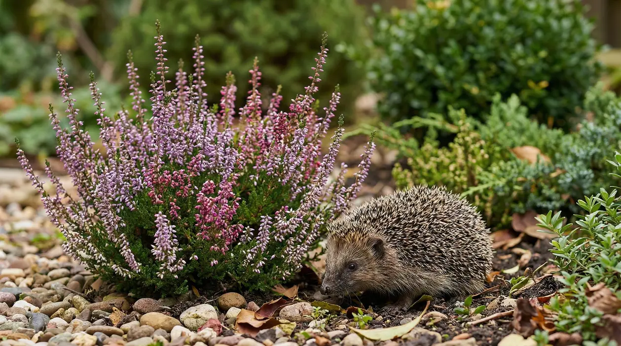 Riccio che cammina vicino a una pianta di erica in un giardino con ghiaia e vegetazione