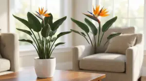 Pianta di strelitzia in vaso bianco su tavolino in soggiorno luminoso, vicino a poltrone e grandi finestre