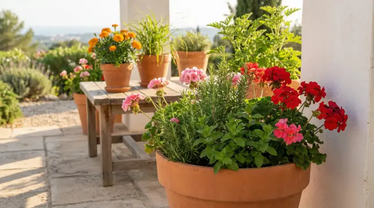 Vasi in terracotta con gerani e piante aromatiche su una terrazza soleggiata, ideali per profumare e tenere lontane le zanzare