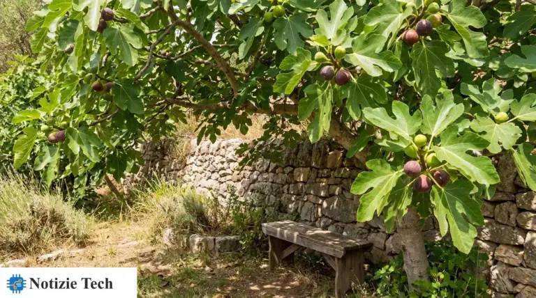 Albero di fico in giardino con fichi maturi e foglie verdi vicino a un muretto in pietra e una panca