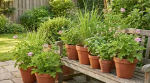 Vasi di terracotta con piante aromatiche e fiori su una panchina in giardino, utili contro le zanzare