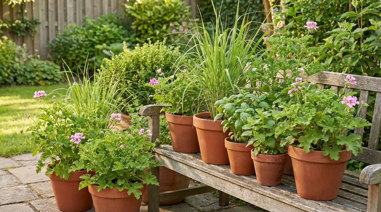 Vasi di terracotta con piante aromatiche e fiori su una panchina in giardino, utili contro le zanzare