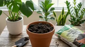 Vaso di terracotta con terriccio e piante da interno sullo sfondo, per scegliere il substrato giusto senza terriccio universale