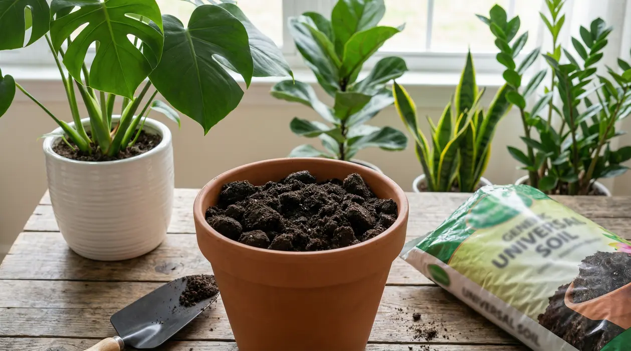 Vaso di terracotta con terriccio e piante da interno sullo sfondo, per scegliere il substrato giusto senza terriccio universale