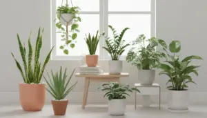Piante da interno in vasi vicino a una finestra luminosa, con varietà resistenti come sansevieria e pothos