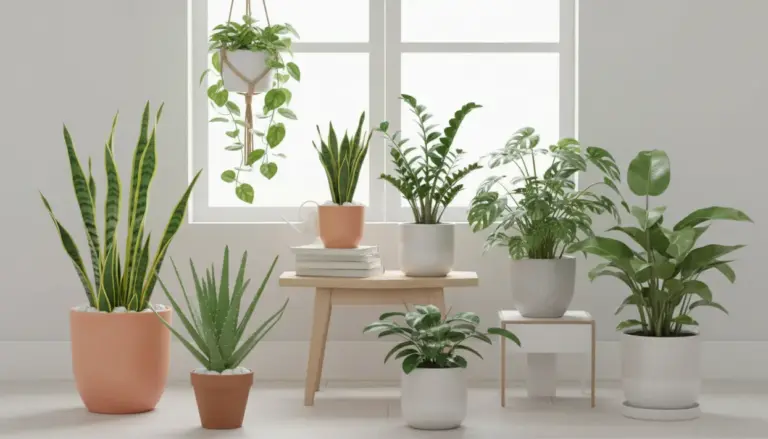 Piante da interno in vasi vicino a una finestra luminosa, con varietà resistenti come sansevieria e pothos