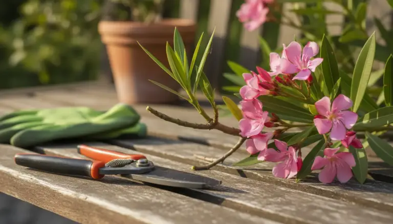 Ramo di oleandro con fiori rosa su tavolo da giardino, accanto a cesoie da potatura e guanti
