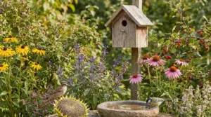 Uccellini in giardino vicino a una casetta nido e una bacinella d’acqua tra fiori e arbusti con bacche