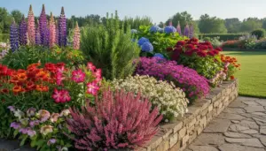 Aiuola con piante perenni in fiore dai colori vivaci lungo un muretto in pietra, in un giardino soleggiato