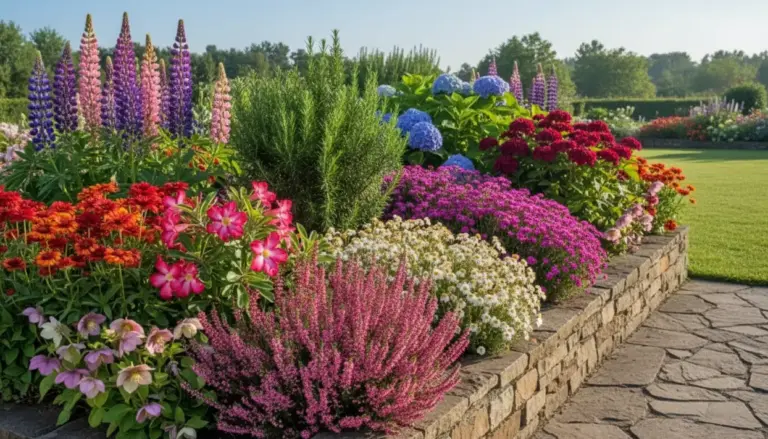 Aiuola con piante perenni in fiore dai colori vivaci lungo un muretto in pietra, in un giardino soleggiato