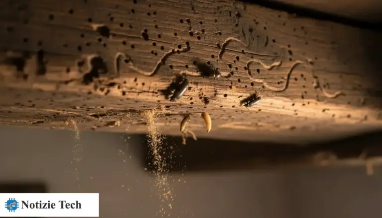 Trave di legno con piccoli fori e rosume che cade, segni di tarli e possibile infestazione in casa